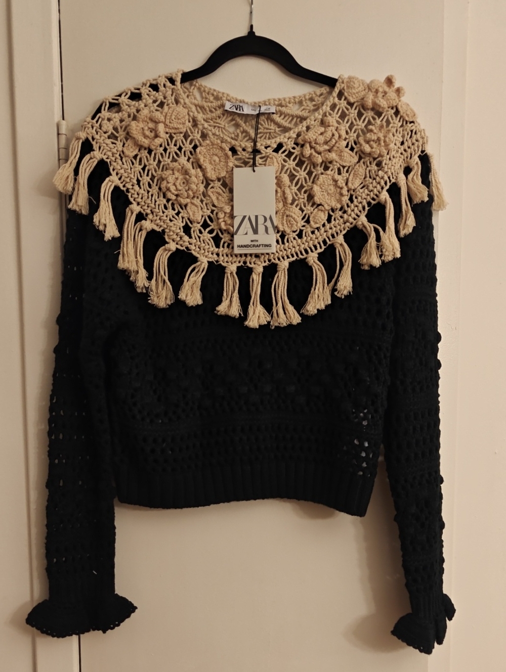 Zara Black Crochet Sweater with Cream Tassel Collar Accent Handcrafted